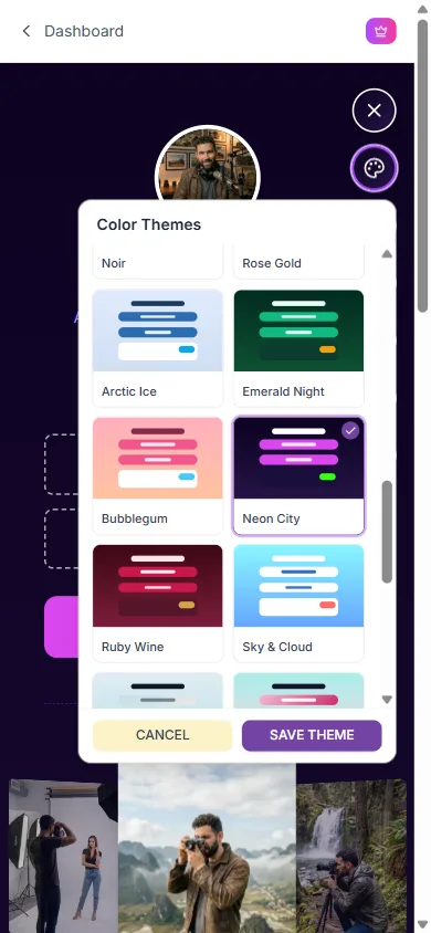 The Color Themes panel in the QuickLinks editor, previewing a theme live on the page